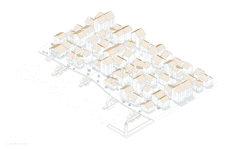 Harbor Town: isometric line drawing of a harbor town with 63 buildings in 18 blocks, a curved quay with 4 piers and 10 boats, a breakwater with a lighthouse, and 36 small figures, most of them near the water.