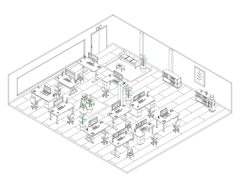 Office 01: isometric line drawing of an office with 11 desks, in black and green ink.