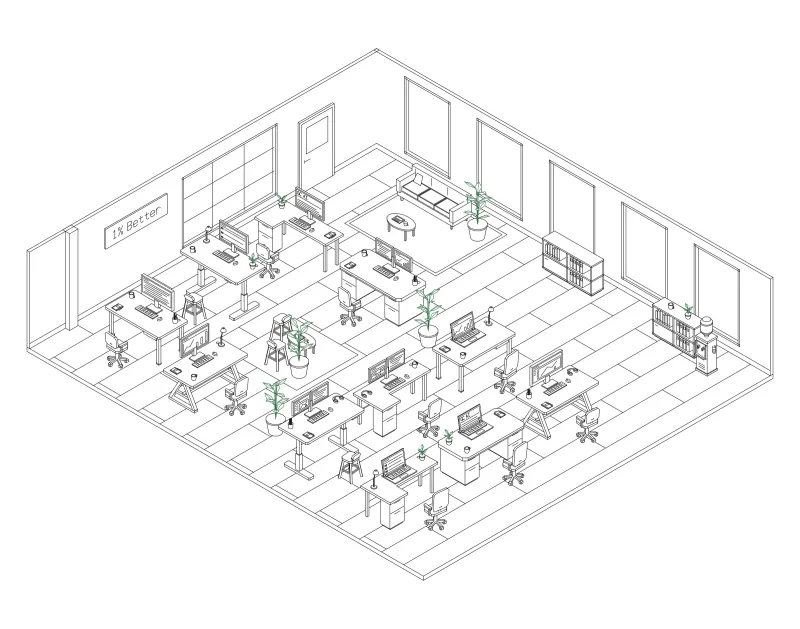 Office 02: isometric line drawing of an office with 11 desks, in black and green ink.