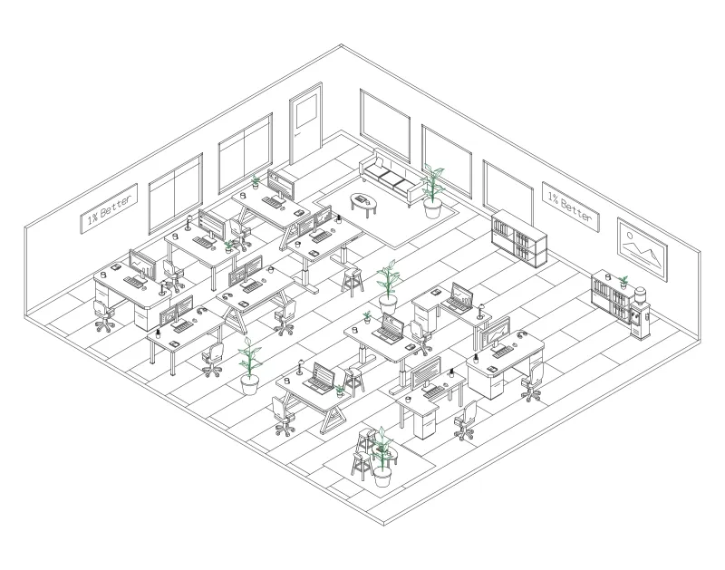 Office 03: isometric line drawing of an office with 11 desks, in black and green ink.