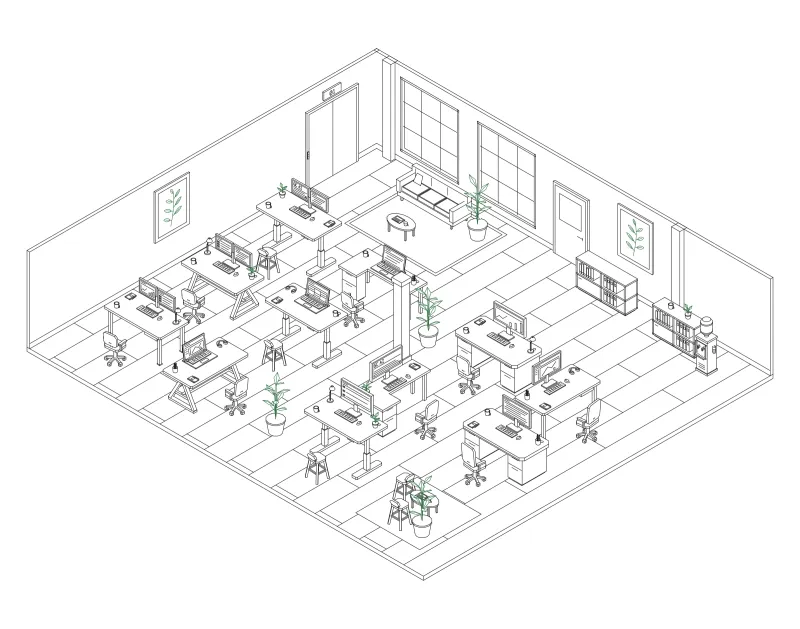 Office 04: isometric line drawing of an office with 11 desks, in black and green ink.