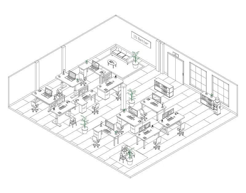 Office 05: isometric line drawing of an office with 11 desks, in black and green ink.