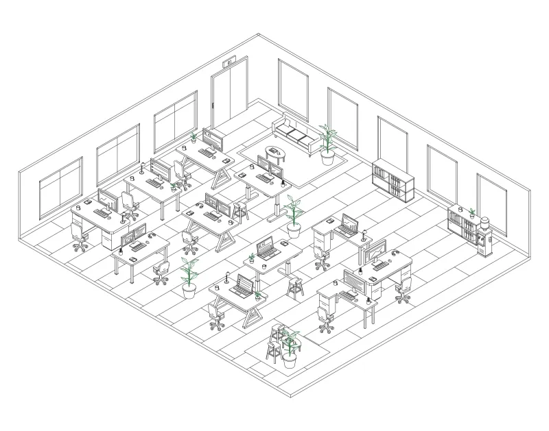 Office 06: isometric line drawing of an office with 11 desks, in black and green ink.