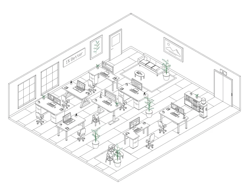 Office 07: isometric line drawing of an office with 8 desks, in black and green ink.