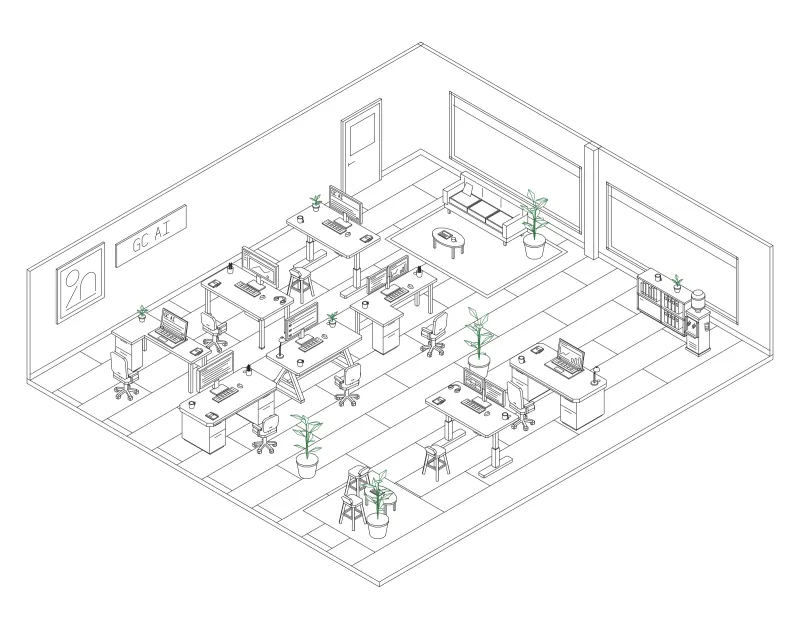 Office 08: isometric line drawing of an office with 8 desks, in black and green ink.