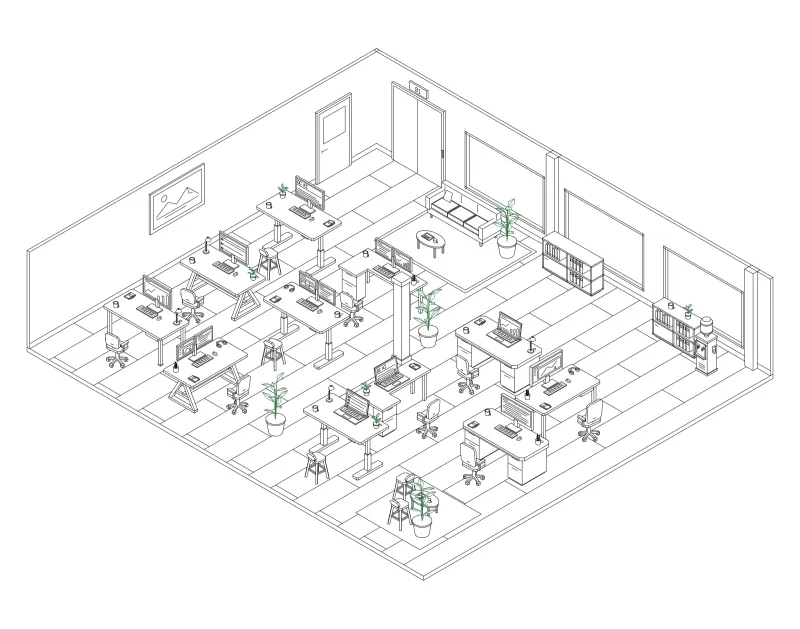 Office 09: isometric line drawing of an office with 11 desks, in black and green ink.