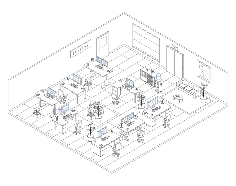 Office 10: isometric line drawing of an office with 8 desks, in black and blue ink.