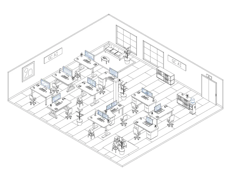 Office 11: isometric line drawing of an office with 11 desks, in black and blue ink.
