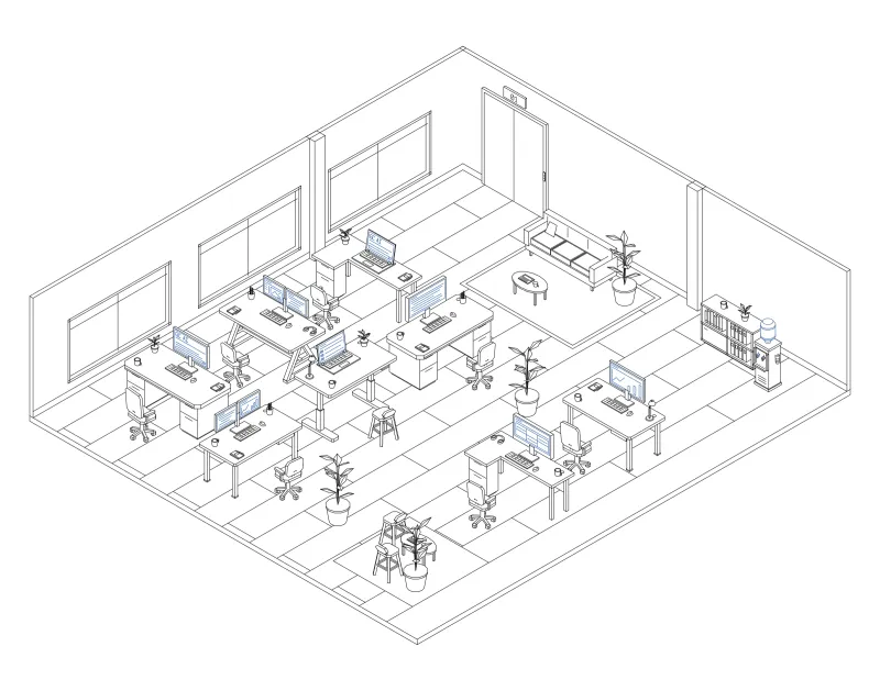 Office 12: isometric line drawing of an office with 8 desks, in black and blue ink.
