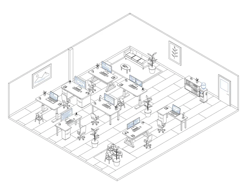 Office 13: isometric line drawing of an office with 8 desks, in black and blue ink.