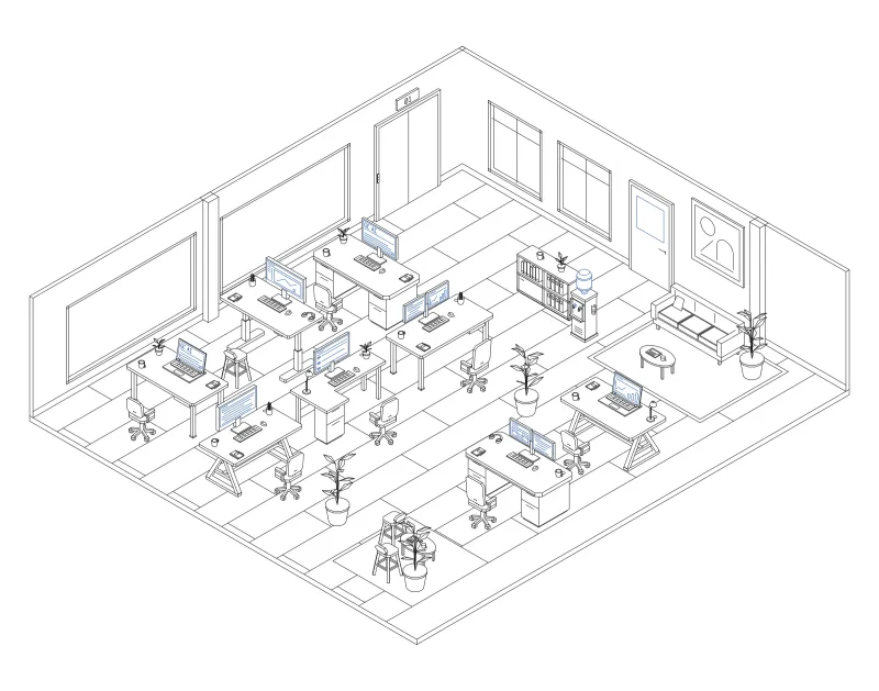 Office 14: isometric line drawing of an office with 8 desks, in black and blue ink.