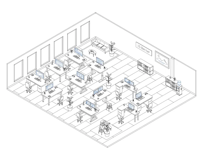 Office 15: isometric line drawing of an office with 11 desks, in black and blue ink.