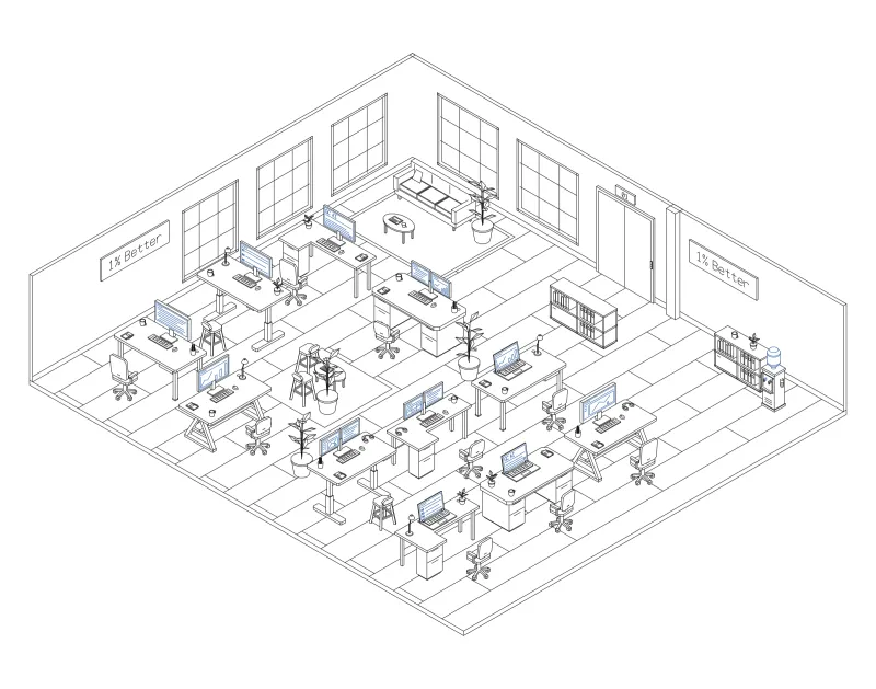 Office 16: isometric line drawing of an office with 11 desks, in black and blue ink.