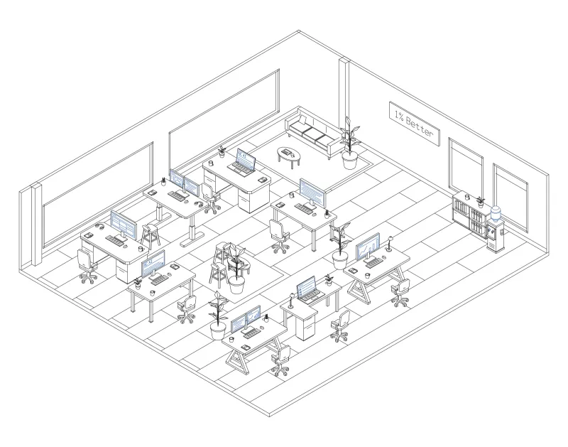 Office 17: isometric line drawing of an office with 8 desks, in black and blue ink.