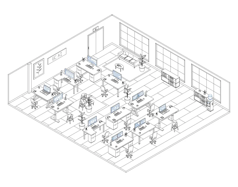 Office 18: isometric line drawing of an office with 11 desks, in black and blue ink.