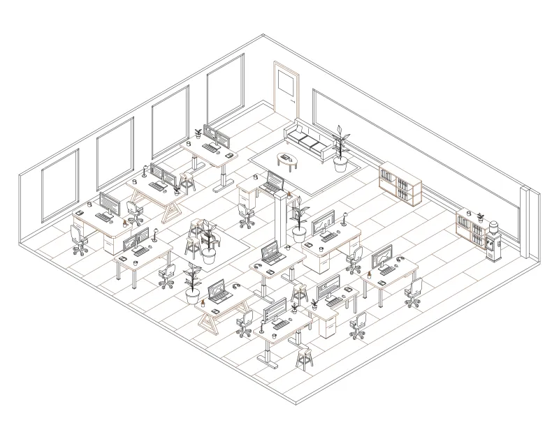 Office 19: isometric line drawing of an office with 11 desks, in black and brown ink.