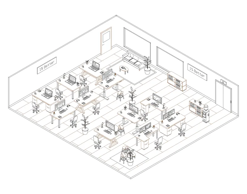Office 20: isometric line drawing of an office with 11 desks, in black and brown ink.