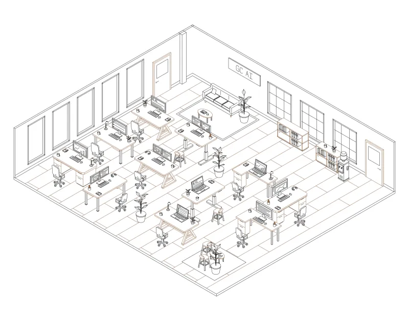 Office 21: isometric line drawing of an office with 11 desks, in black and brown ink.