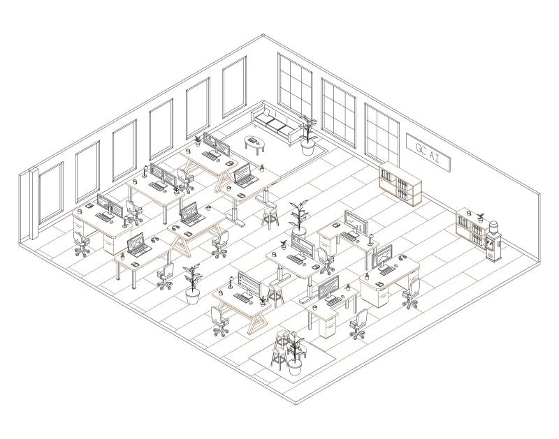 Office 22: isometric line drawing of an office with 11 desks, in black and brown ink.