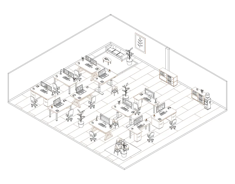 Office 23: isometric line drawing of an office with 11 desks, in black and brown ink.
