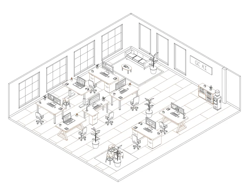Office 24: isometric line drawing of an office with 8 desks, in black and brown ink.