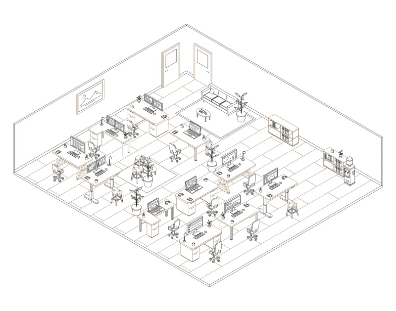 Office 25: isometric line drawing of an office with 11 desks, in black and brown ink.