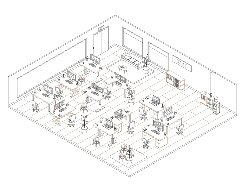 Office 26: isometric line drawing of an office with 11 desks, in black and brown ink.