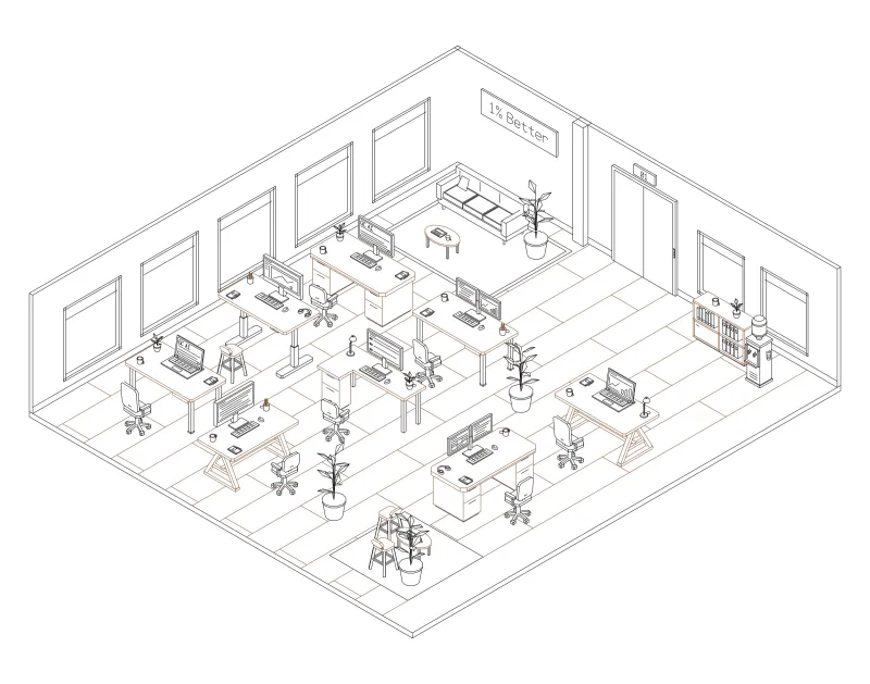 Office 27: isometric line drawing of an office with 8 desks, in black and brown ink.