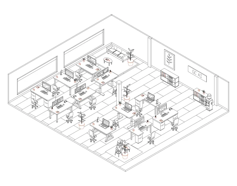 Office 28: isometric line drawing of an office with 11 desks, in black and terracotta ink.