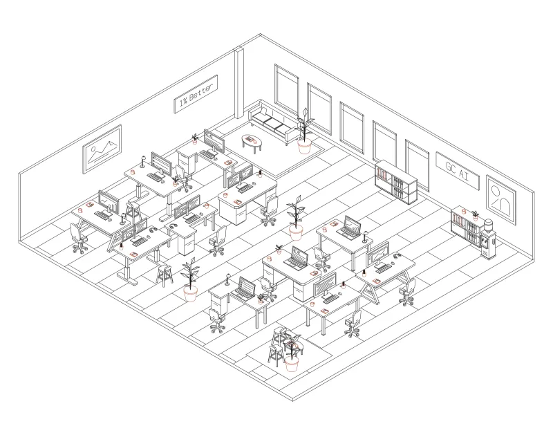 Office 29: isometric line drawing of an office with 11 desks, in black and terracotta ink.