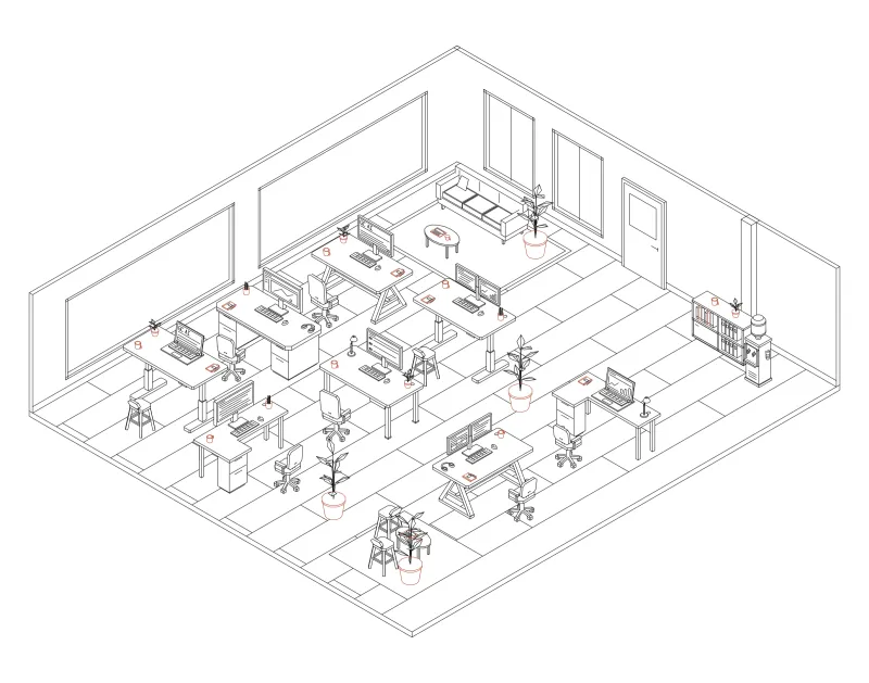 Office 30: isometric line drawing of an office with 8 desks, in black and terracotta ink.