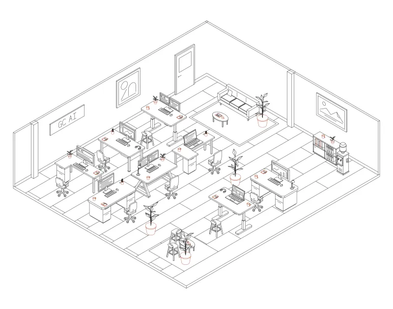 Office 31: isometric line drawing of an office with 8 desks, in black and terracotta ink.