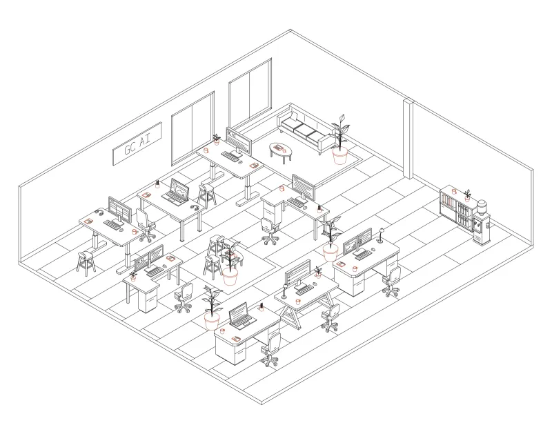 Office 32: isometric line drawing of an office with 8 desks, in black and terracotta ink.
