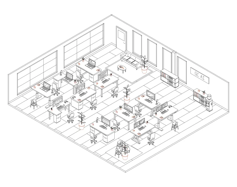 Office 33: isometric line drawing of an office with 11 desks, in black and terracotta ink.