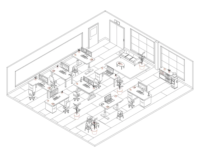 Office 34: isometric line drawing of an office with 8 desks, in black and terracotta ink.