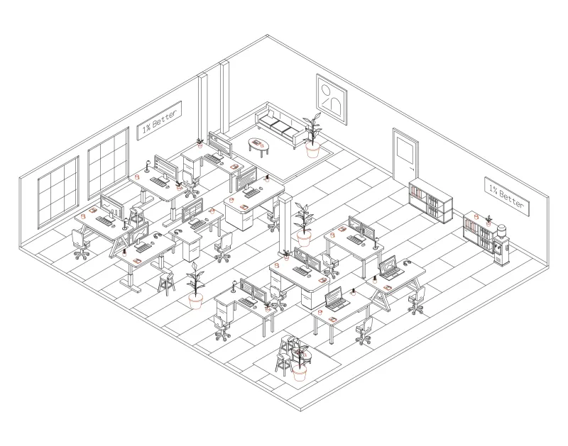 Office 35: isometric line drawing of an office with 11 desks, in black and terracotta ink.