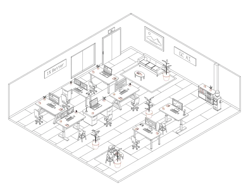 Office 36: isometric line drawing of an office with 8 desks, in black and terracotta ink.