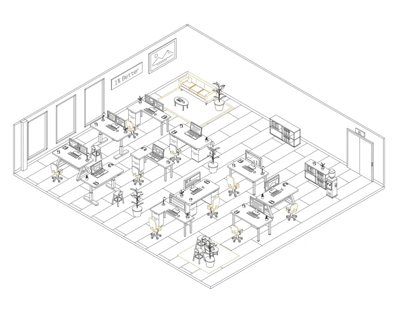 Office 37: isometric line drawing of an office with 11 desks, in black and ochre ink.