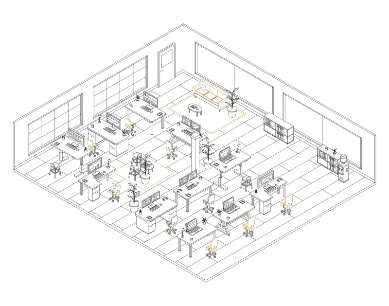 Office 38: isometric line drawing of an office with 11 desks, in black and ochre ink.