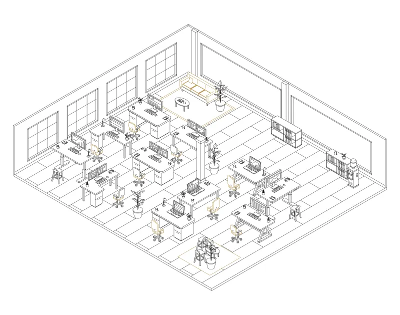 Office 39: isometric line drawing of an office with 11 desks, in black and ochre ink.