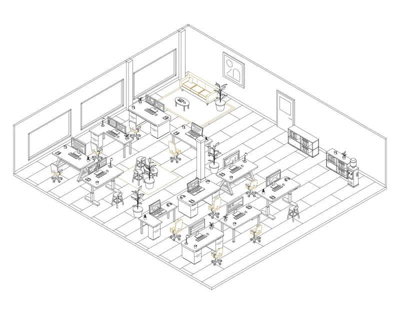 Office 40: isometric line drawing of an office with 11 desks, in black and ochre ink.