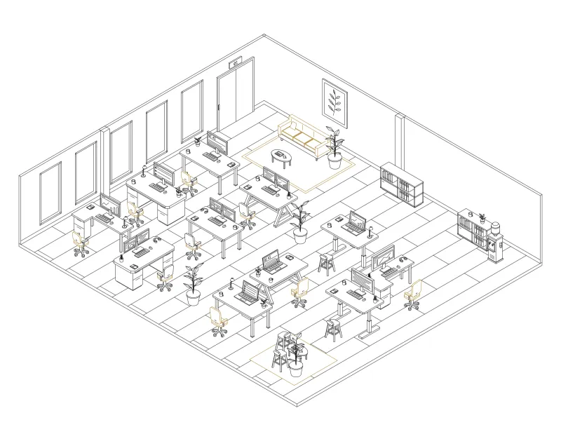 Office 41: isometric line drawing of an office with 11 desks, in black and ochre ink.