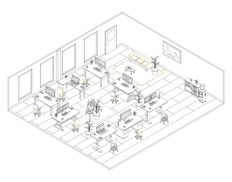 Office 42: isometric line drawing of an office with 8 desks, in black and ochre ink.