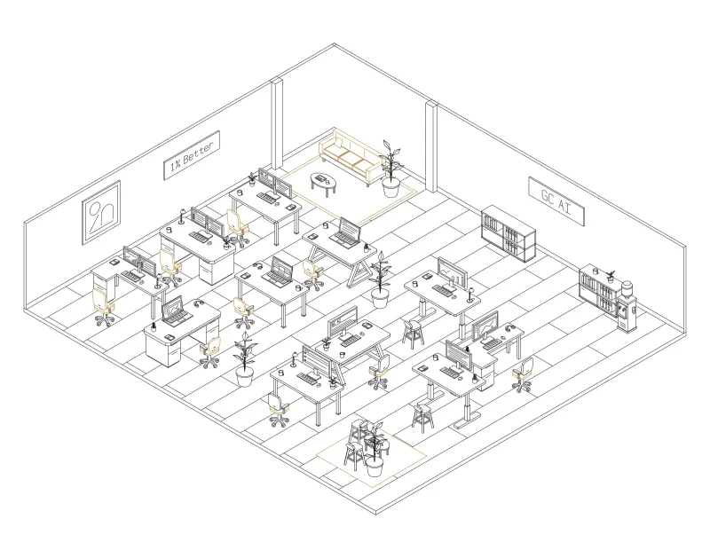 Office 43: isometric line drawing of an office with 11 desks, in black and ochre ink.