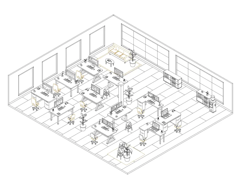 Office 44: isometric line drawing of an office with 11 desks, in black and ochre ink.