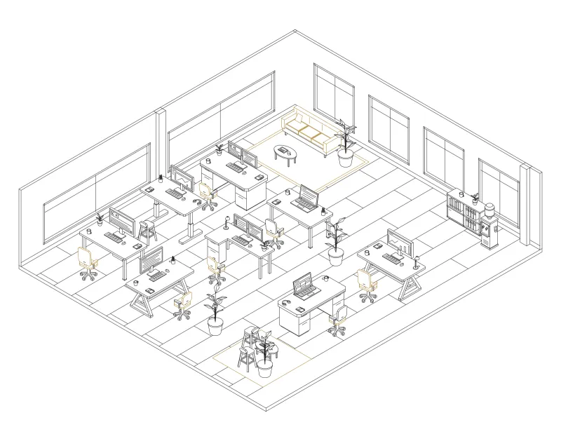 Office 45: isometric line drawing of an office with 8 desks, in black and ochre ink.