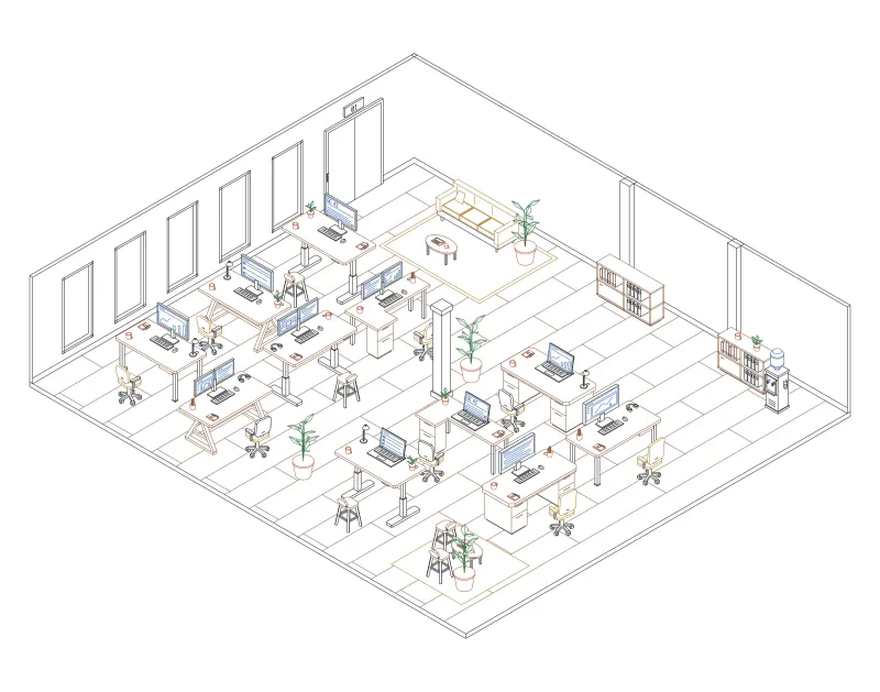 Office 46: isometric line drawing of an office with 11 desks, in black, green, brown, blue, terracotta and ochre ink.