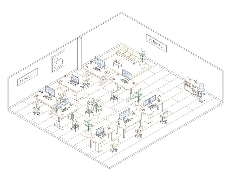 Office 47: isometric line drawing of an office with 8 desks, in black, green, brown, blue, terracotta and ochre ink.