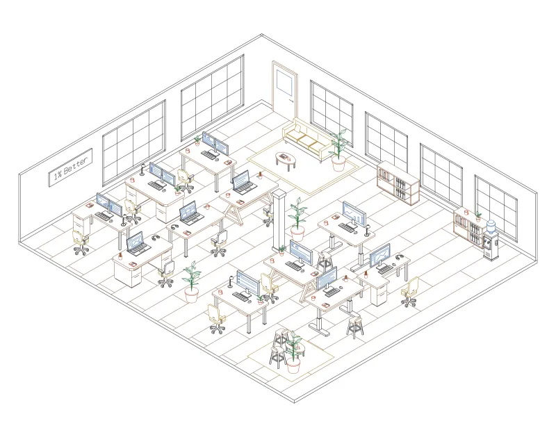 Office 48: isometric line drawing of an office with 11 desks, in black, green, brown, blue, terracotta and ochre ink.