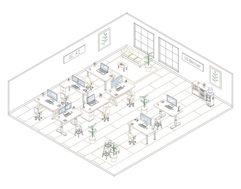 Office 49: isometric line drawing of an office with 8 desks, in black, green, brown, blue, terracotta and ochre ink.